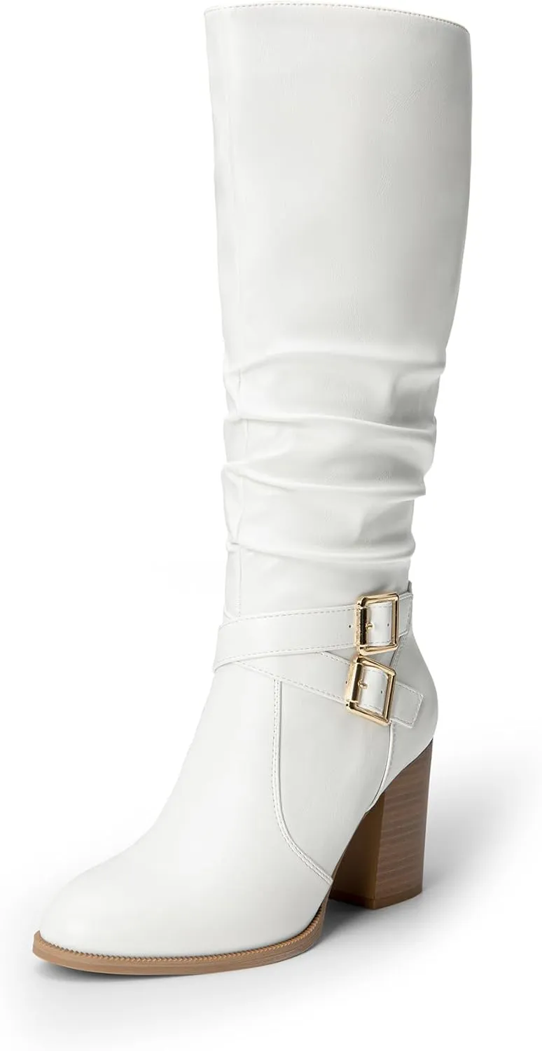 DREAM PAIRS Women's Knee High Boots Slouchy Chunky Heeled Buckle Long Boots for Women Side Zipper Tall Boots
