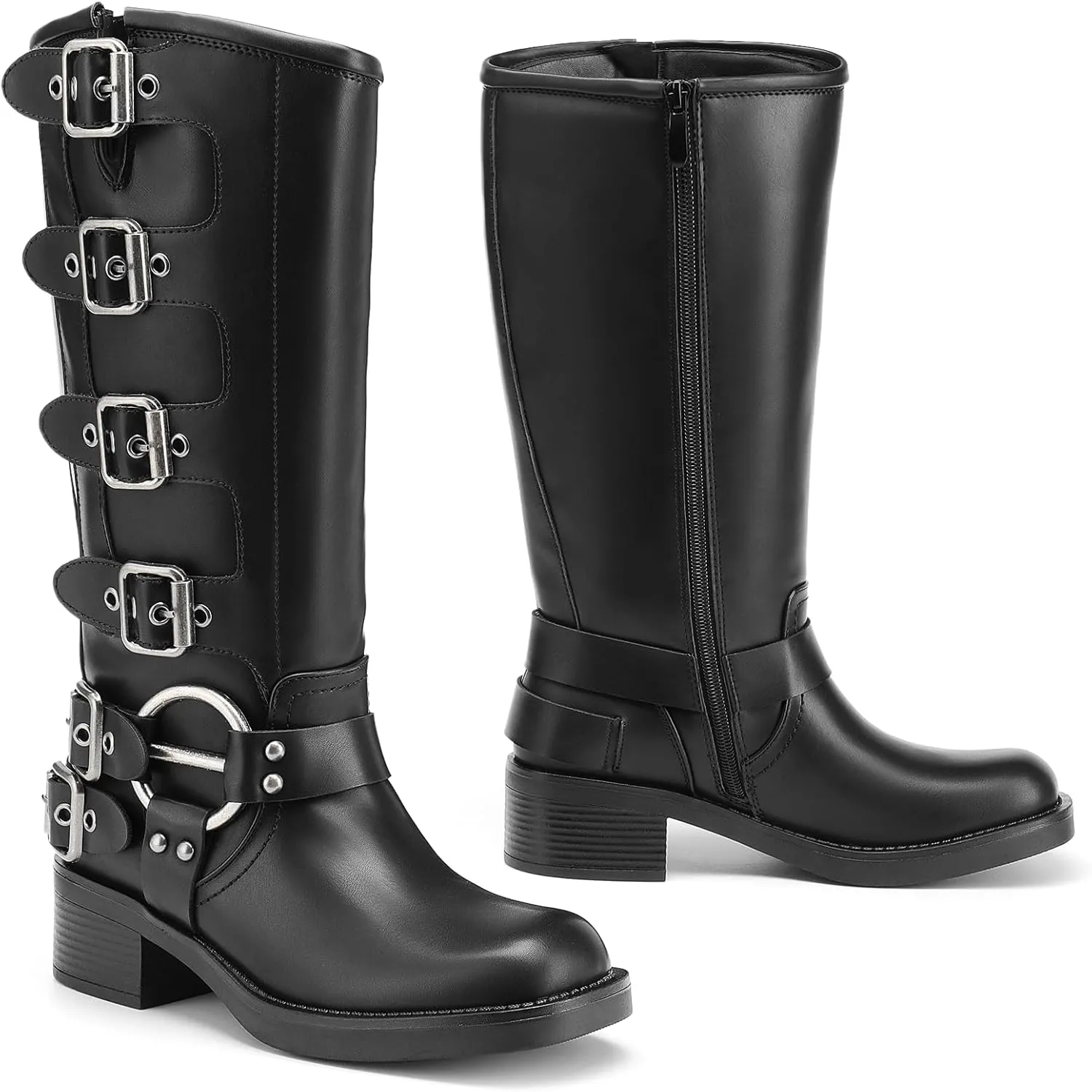 DREAM PAIRS Women's Knee High Riding Boots Slip On Motorcycle Boots Square Toe Chunky Heel Fashion Buckles Biker Boots