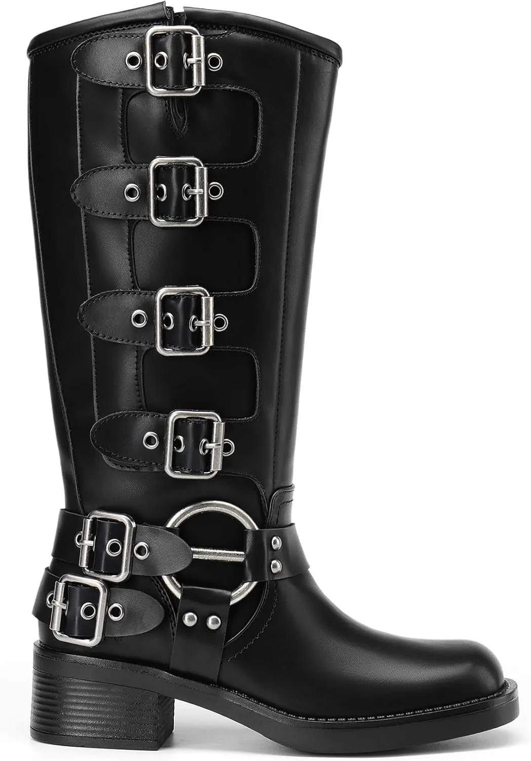 DREAM PAIRS Women's Knee High Riding Boots Slip On Motorcycle Boots Square Toe Chunky Heel Fashion Buckles Biker Boots