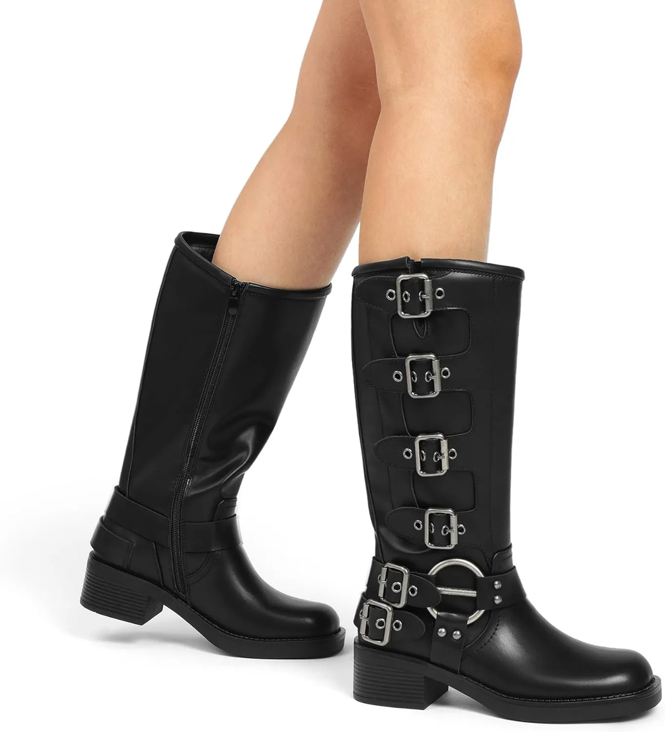 DREAM PAIRS Women's Knee High Riding Boots Slip On Motorcycle Boots Square Toe Chunky Heel Fashion Buckles Biker Boots