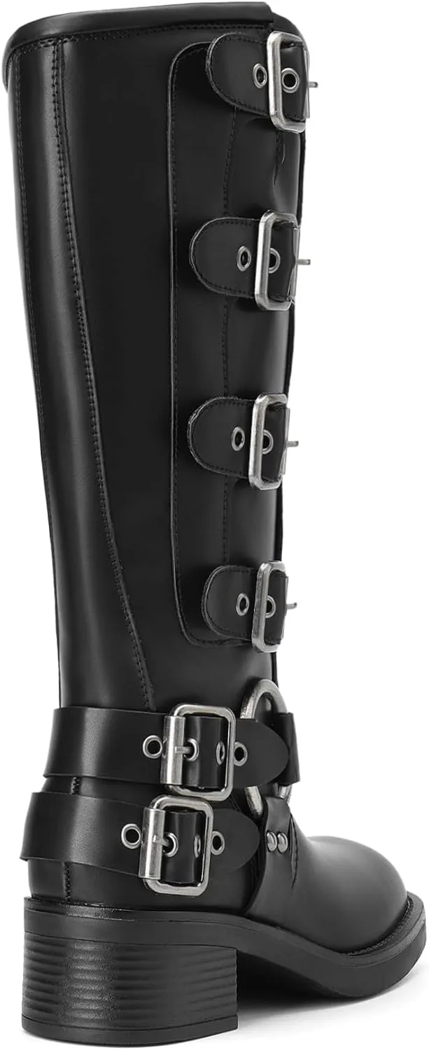 DREAM PAIRS Women's Knee High Riding Boots Slip On Motorcycle Boots Square Toe Chunky Heel Fashion Buckles Biker Boots