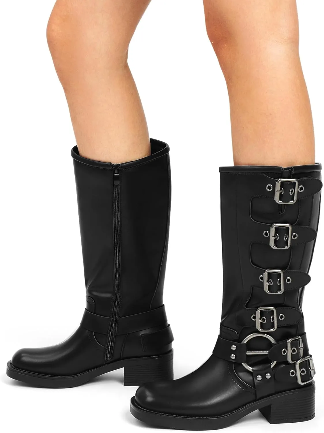 DREAM PAIRS Women's Knee High Riding Boots Slip On Motorcycle Boots Square Toe Chunky Heel Fashion Buckles Biker Boots