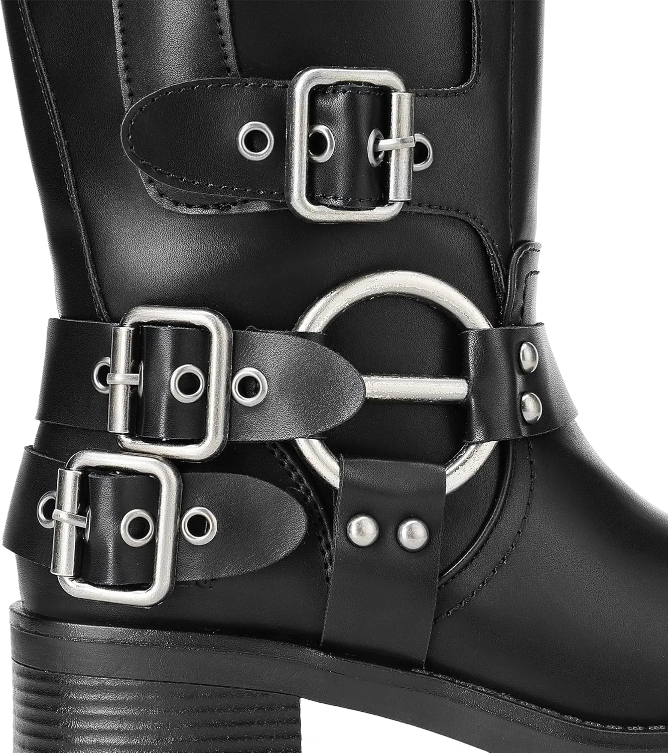 DREAM PAIRS Women's Knee High Riding Boots Slip On Motorcycle Boots Square Toe Chunky Heel Fashion Buckles Biker Boots