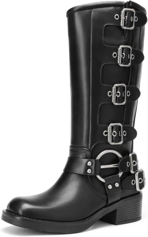 DREAM PAIRS Women's Knee High Riding Boots Slip On Motorcycle Boots Square Toe Chunky Heel Fashion Buckles Biker Boots