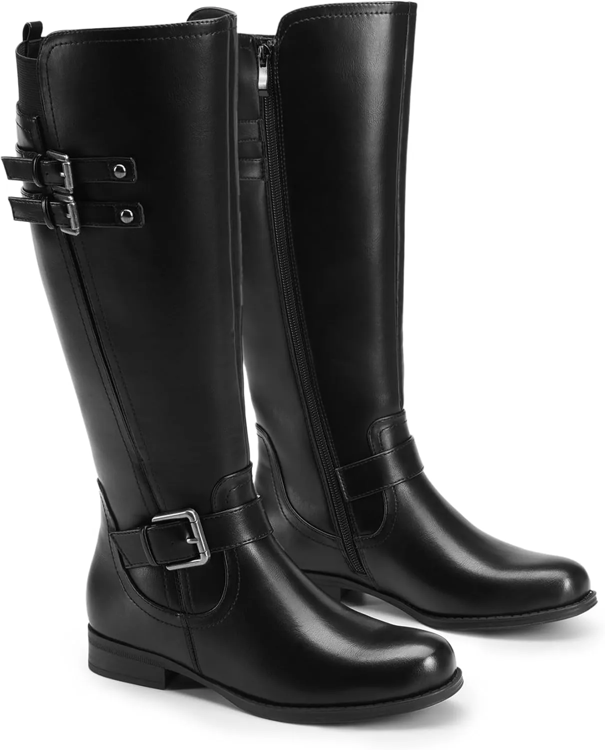 DREAM PAIRS Women's Knee High Riding Pirate Boots, Comfortable Low Chunky Heel Flat Motorcycle Buckle Boots for Women