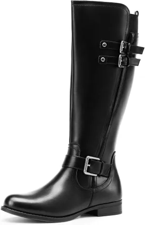 DREAM PAIRS Women's Knee High Riding Pirate Boots, Comfortable Low Chunky Heel Flat Motorcycle Buckle Boots for Women
