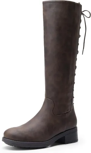 DREAM PAIRS Women's Lace Up Back Knee High Fashion Boots Low Block Heel Riding Boots Round Toe Side Zipper Fall Boots