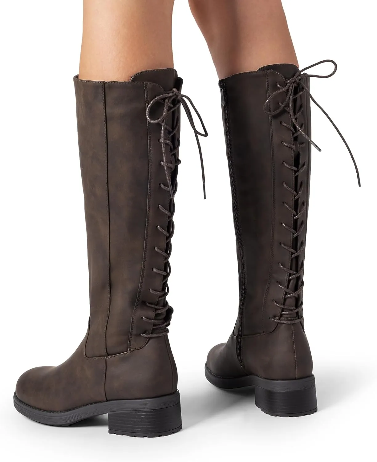 DREAM PAIRS Women's Lace Up Back Knee High Fashion Boots Low Block Heel Riding Boots Round Toe Side Zipper Fall Boots