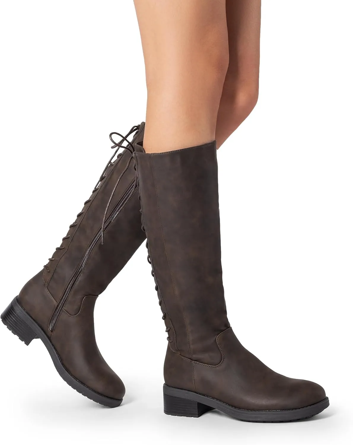 DREAM PAIRS Women's Lace Up Back Knee High Fashion Boots Low Block Heel Riding Boots Round Toe Side Zipper Fall Boots