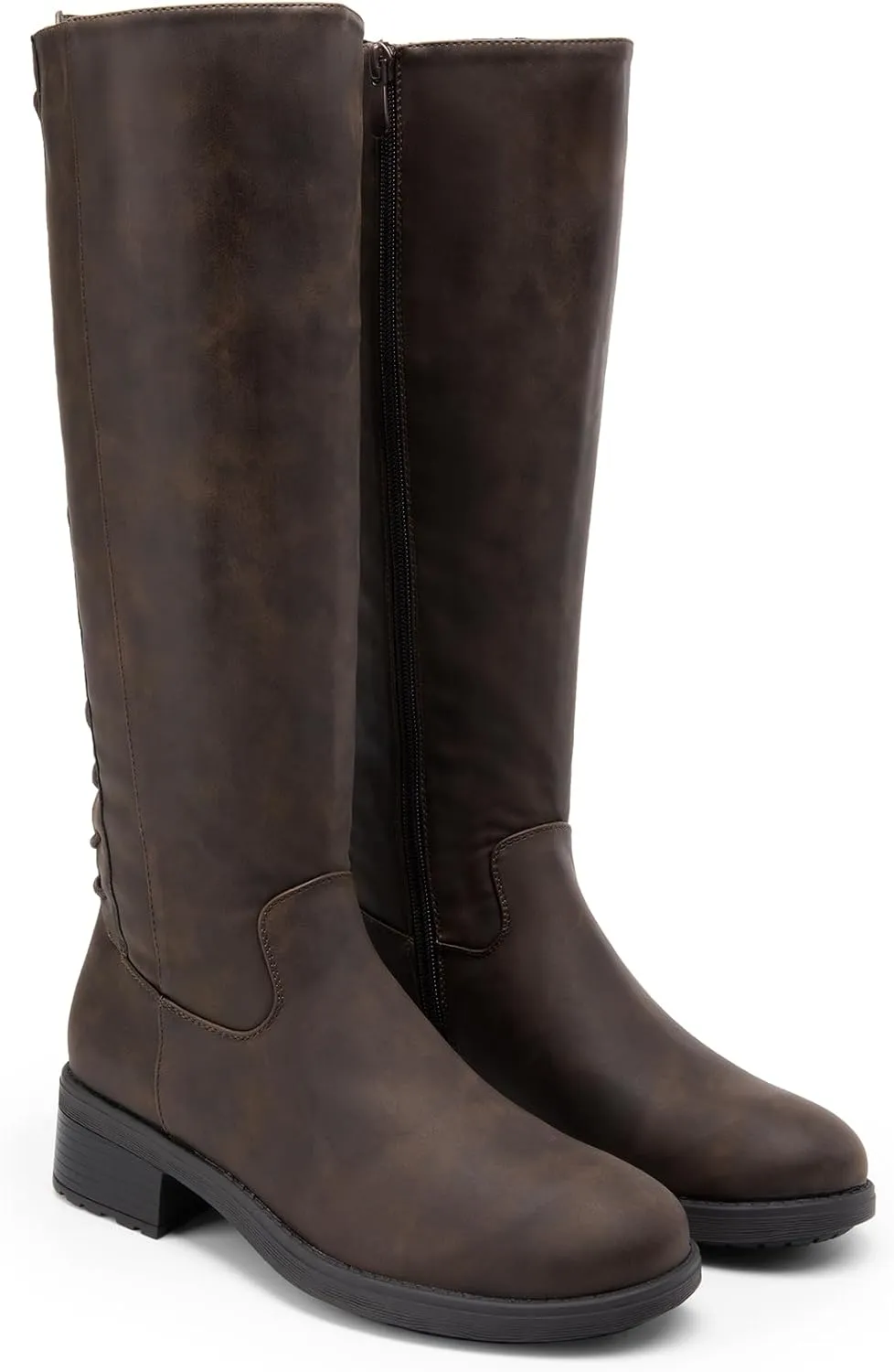 DREAM PAIRS Women's Lace Up Back Knee High Fashion Boots Low Block Heel Riding Boots Round Toe Side Zipper Fall Boots