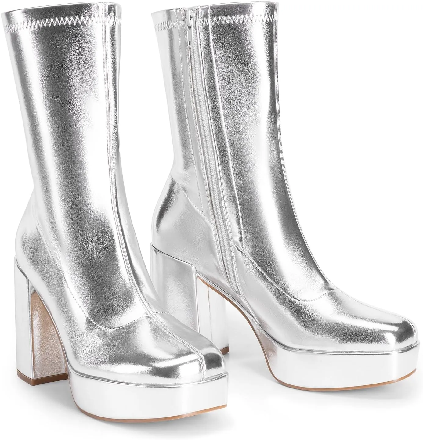 DREAM PAIRS Women's Mid Calf Gogo Boots Platform High Chunky Block Heel Square Toe Ankle Boots