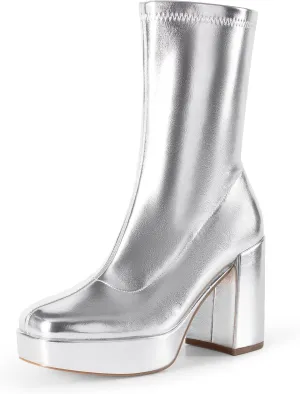 DREAM PAIRS Women's Mid Calf Gogo Boots Platform High Chunky Block Heel Square Toe Ankle Boots