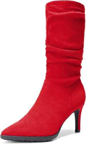 DREAM PAIRS Women's Mid Calf Slouchy Boots Pointed Toe Heeled Boots Zip Fashion Dressy Boot
