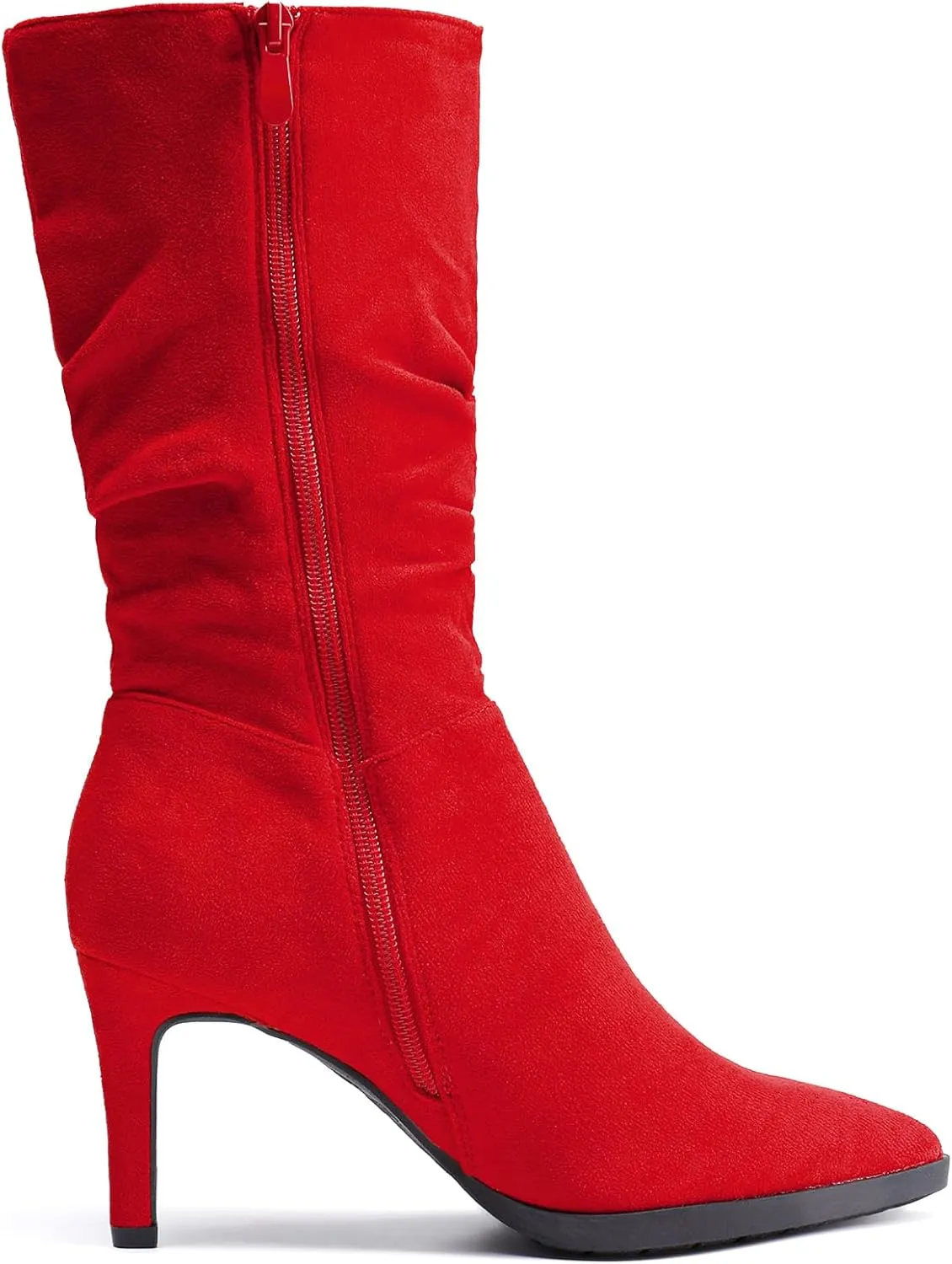 DREAM PAIRS Women's Mid Calf Slouchy Boots Pointed Toe Heeled Boots Zip Fashion Dressy Boot