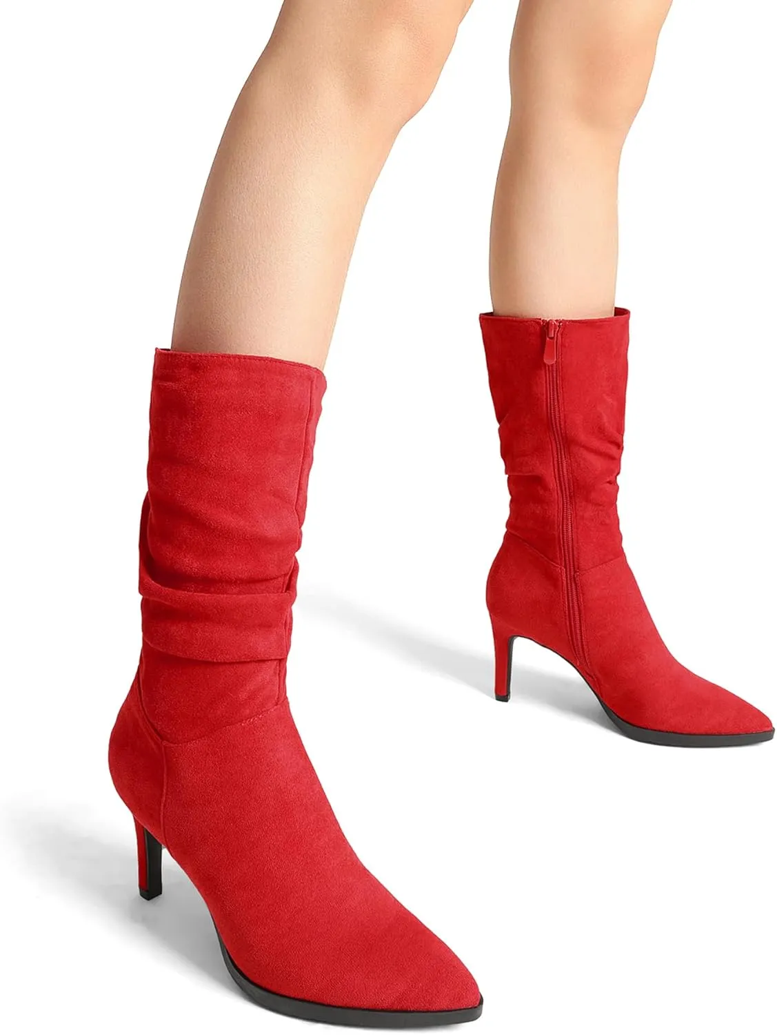 DREAM PAIRS Women's Mid Calf Slouchy Boots Pointed Toe Heeled Boots Zip Fashion Dressy Boot