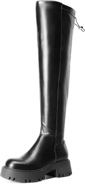 DREAM PAIRS Women's Platform Over The Knee Boots Lug Sole Round Toe Thigh High Long Chunky Block Heels Fall Boots