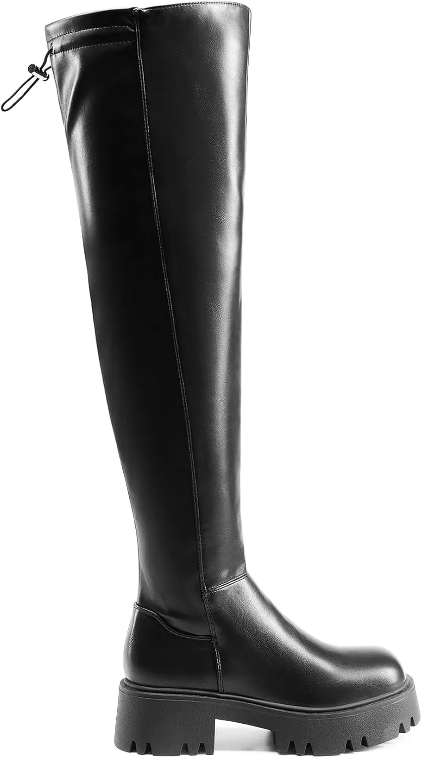 DREAM PAIRS Women's Platform Over The Knee Boots Lug Sole Round Toe Thigh High Long Chunky Block Heels Fall Boots
