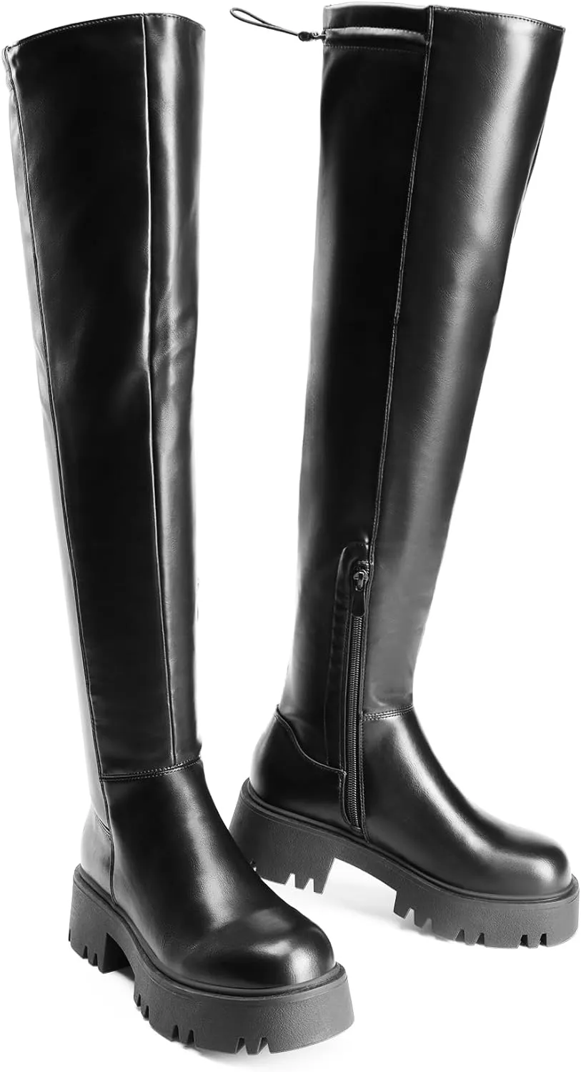 DREAM PAIRS Women's Platform Over The Knee Boots Lug Sole Round Toe Thigh High Long Chunky Block Heels Fall Boots