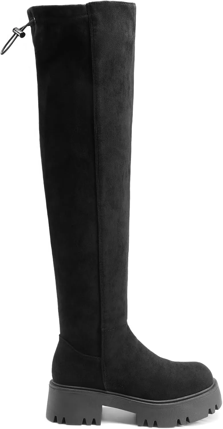 DREAM PAIRS Women's Platform Over The Knee Boots Lug Sole Round Toe Thigh High Long Chunky Block Heels Fall Boots