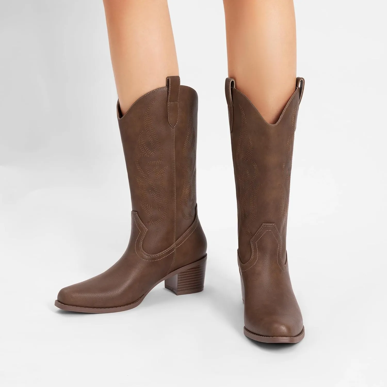 DREAM PAIRS Women's Square Toe Cowboy Cowgirl Boots Embroidered Mid Calf Western Boots Fashion Dress Low Chunky Heel Boots for Theme Party Country Concert