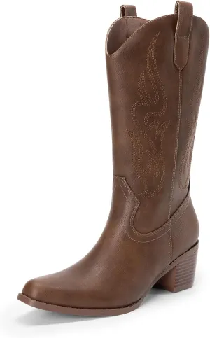 DREAM PAIRS Women's Square Toe Cowboy Cowgirl Boots Embroidered Mid Calf Western Boots Fashion Dress Low Chunky Heel Boots for Theme Party Country Concert