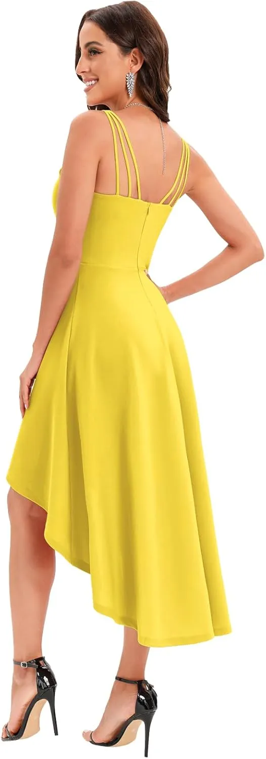 DRESSTELLS Women's Hi-Low Spaghetti Strap Dresses Summer Fit Flare Cocktail Wedding Guest Bridesmaid Dress