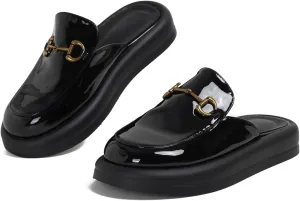 Dumalum Mules for Women Flats Closed Round Toe Slip on Sandals Comfortable Loafers Slides Shoes with Metal Chain Decor