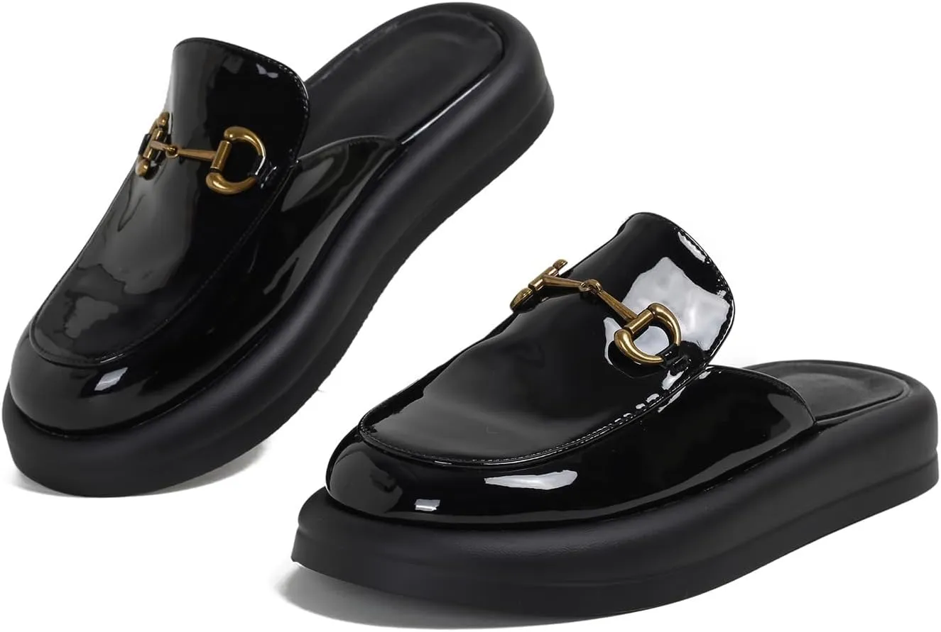 Dumalum Mules for Women Flats Closed Round Toe Slip on Sandals Comfortable Loafers Slides Shoes with Metal Chain Decor