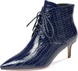Eldof Women's Kitten Low Heel Ankle Boots Pointed Toe Lace Up Comfortable Walking Short Boots 2.5 Inches