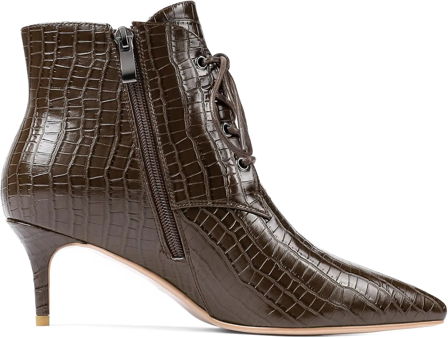 Eldof Women's Kitten Low Heel Ankle Boots Pointed Toe Lace Up Comfortable Walking Short Boots 2.5 Inches