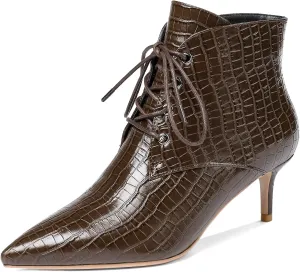 Eldof Women's Kitten Low Heel Ankle Boots Pointed Toe Lace Up Comfortable Walking Short Boots 2.5 Inches
