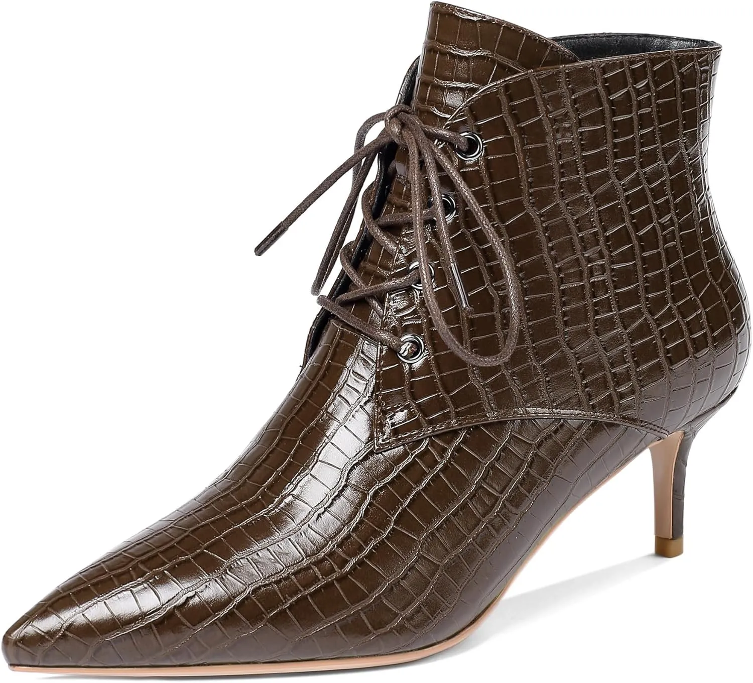 Eldof Women's Kitten Low Heel Ankle Boots Pointed Toe Lace Up Comfortable Walking Short Boots 2.5 Inches