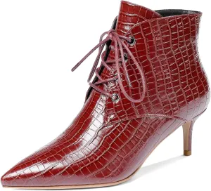 Eldof Women's Kitten Low Heel Ankle Boots Pointed Toe Lace Up Comfortable Walking Short Boots 2.5 Inches