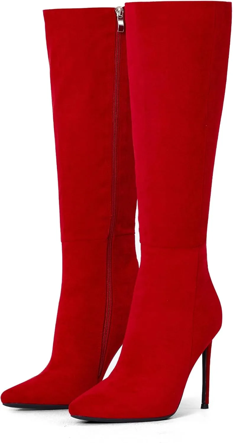 Elisabet Tang 4 inch Women's Knee High Long Boots, Stiletto Tall Pointed Toe Heeled Boot Leather Suede Comfortable Sexy