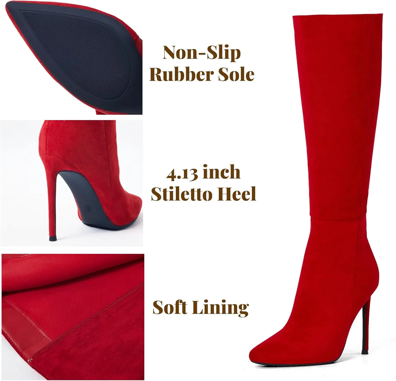 Elisabet Tang 4 inch Women's Knee High Long Boots, Stiletto Tall Pointed Toe Heeled Boot Leather Suede Comfortable Sexy