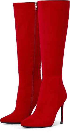 Elisabet Tang 4 inch Women's Knee High Long Boots, Stiletto Tall Pointed Toe Heeled Boot Leather Suede Comfortable Sexy