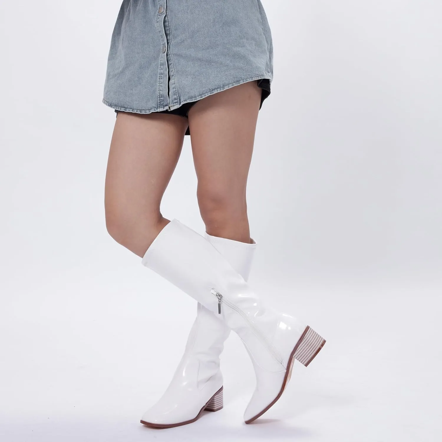 Elisabet Tang Knee High Boots for Women 2 inch Chunky Low Heel Boots Square Toe Side Zipper Fall Winter Comfort Boots