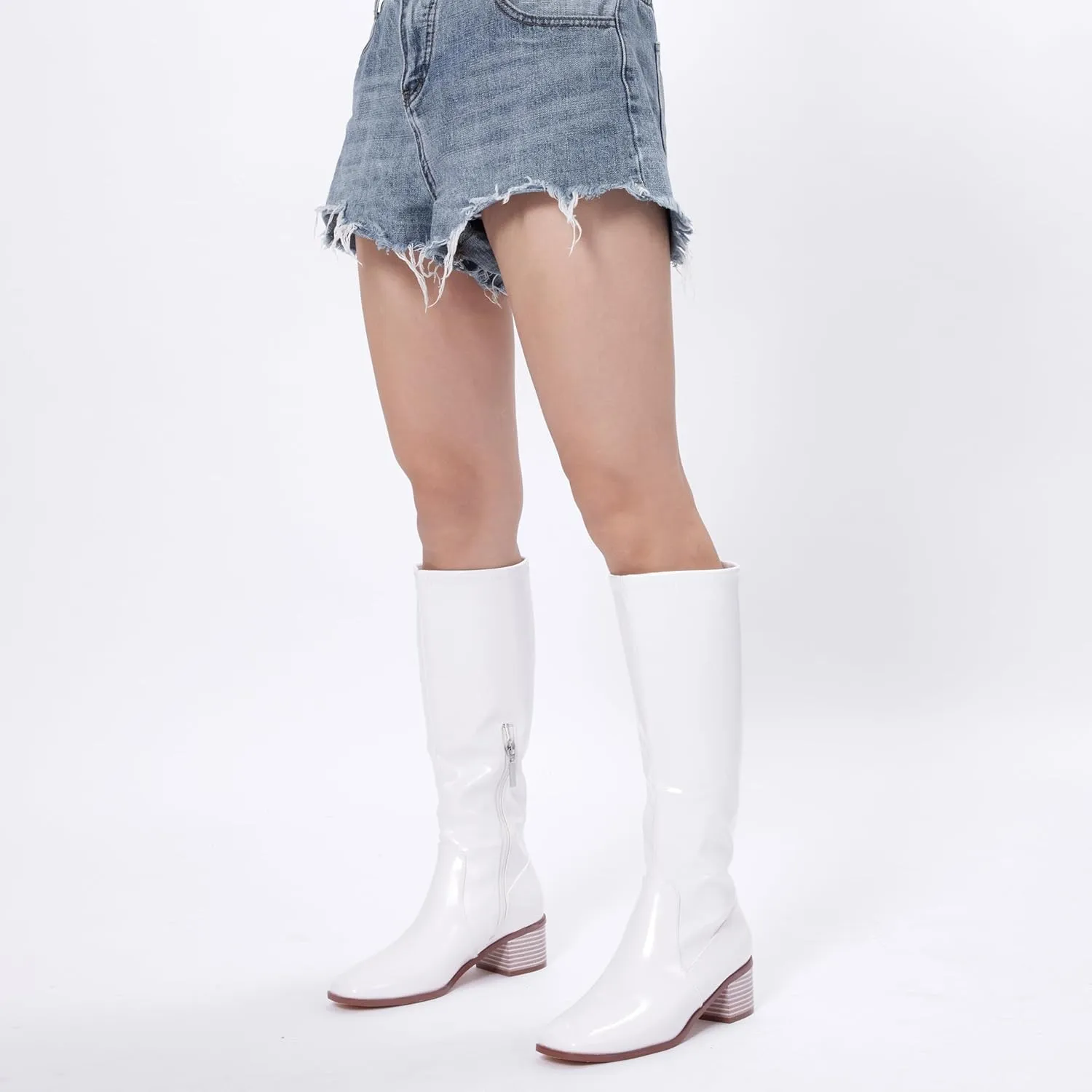Elisabet Tang Knee High Boots for Women 2 inch Chunky Low Heel Boots Square Toe Side Zipper Fall Winter Comfort Boots
