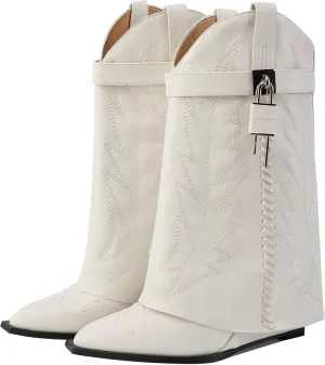 Embroidered Fold Over Over Wide Calf Wedge Pull-On Pointed Toe Western Cowgirl Floral Printing Booties for Women