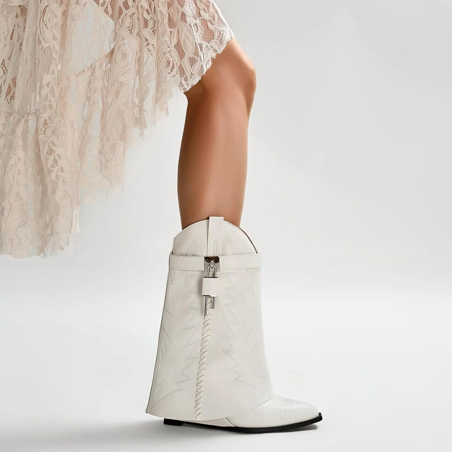 Embroidered Fold Over Over Wide Calf Wedge Pull-On Pointed Toe Western Cowgirl Floral Printing Booties for Women
