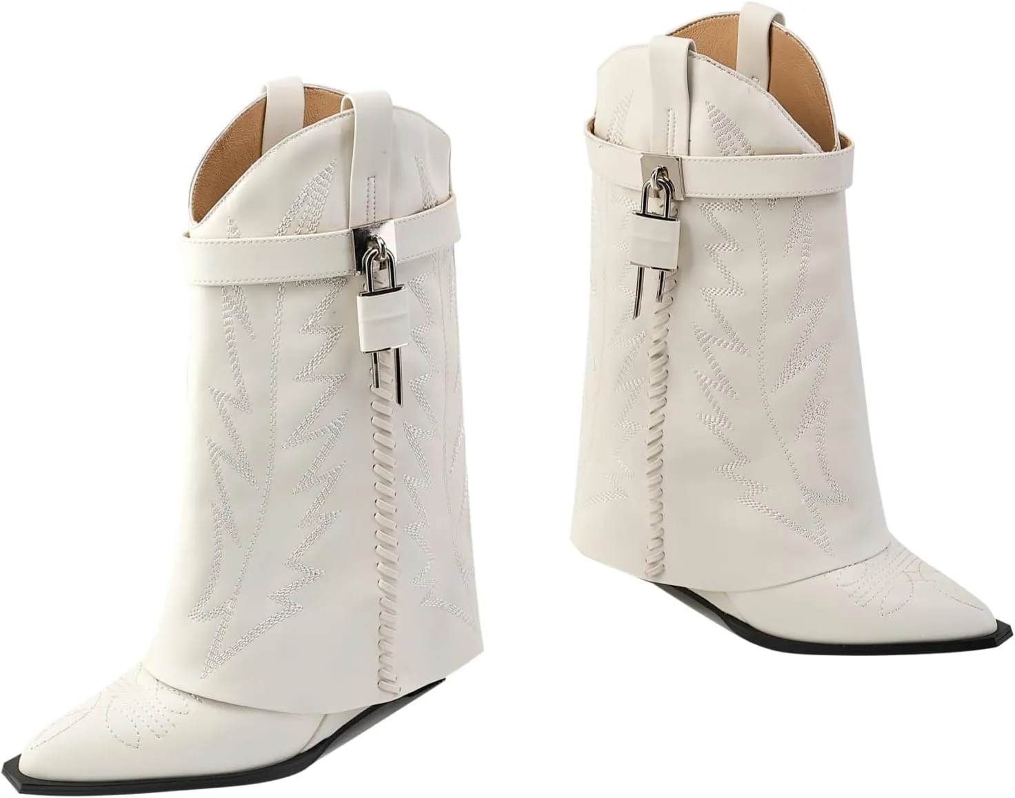 Embroidered Fold Over Over Wide Calf Wedge Pull-On Pointed Toe Western Cowgirl Floral Printing Booties for Women
