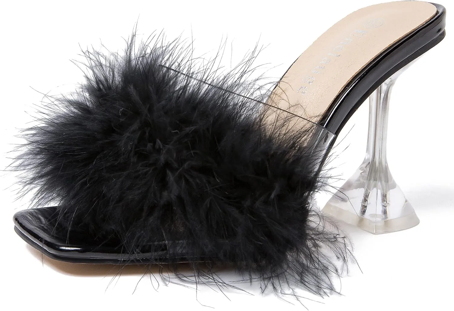 Enelauge Women's Square Toe Sandal Fluffy Feather Clear High Heels Sandals Mules Backless Slip On Slipper Dress Shoes