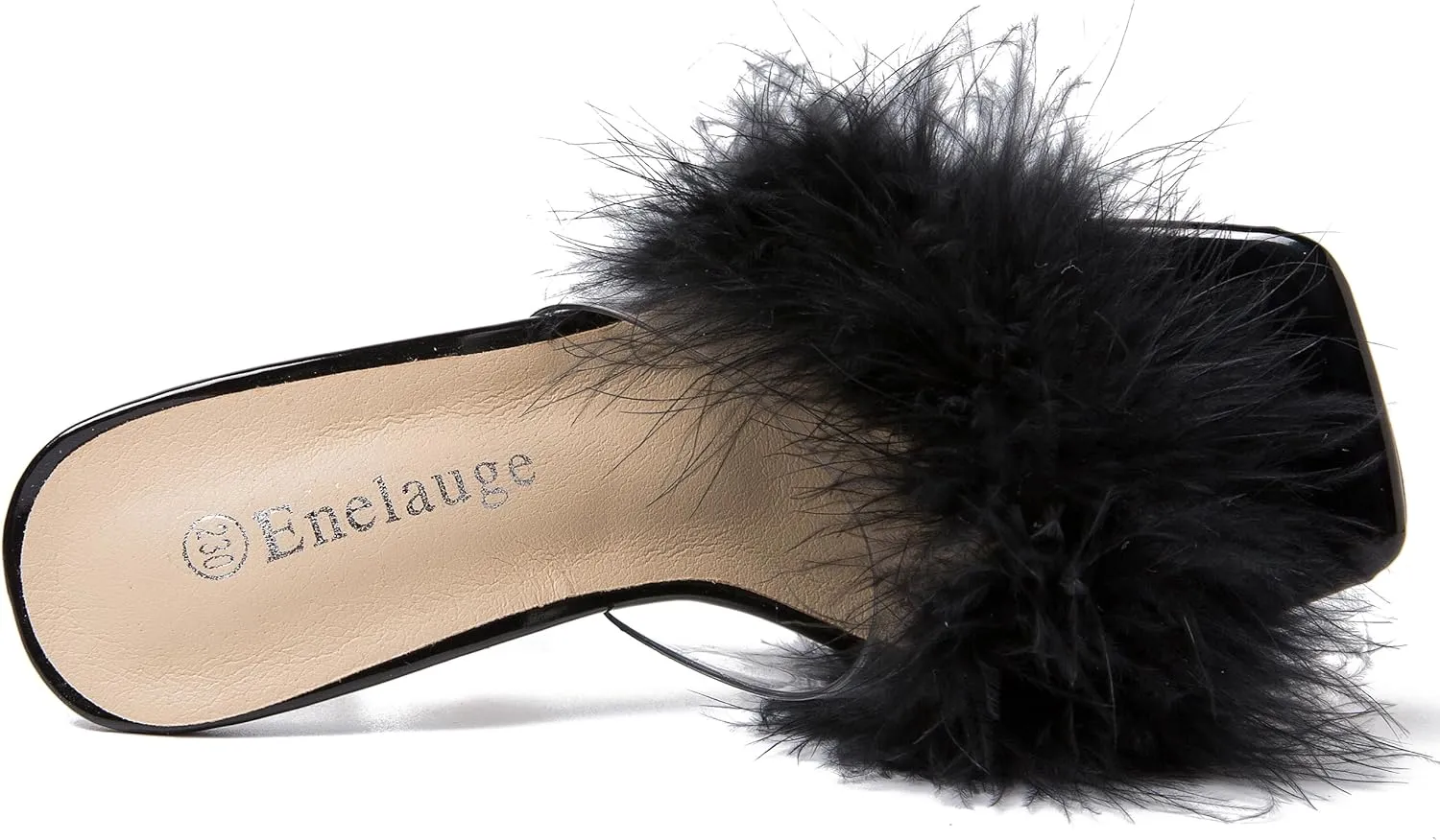 Enelauge Women's Square Toe Sandal Fluffy Feather Clear High Heels Sandals Mules Backless Slip On Slipper Dress Shoes