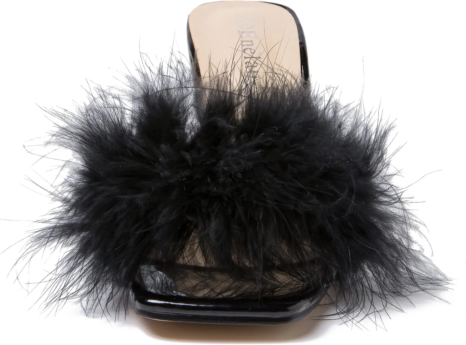 Enelauge Women's Square Toe Sandal Fluffy Feather Clear High Heels Sandals Mules Backless Slip On Slipper Dress Shoes