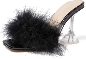 Enelauge Women's Square Toe Sandal Fluffy Feather Clear High Heels Sandals Mules Backless Slip On Slipper Dress Shoes