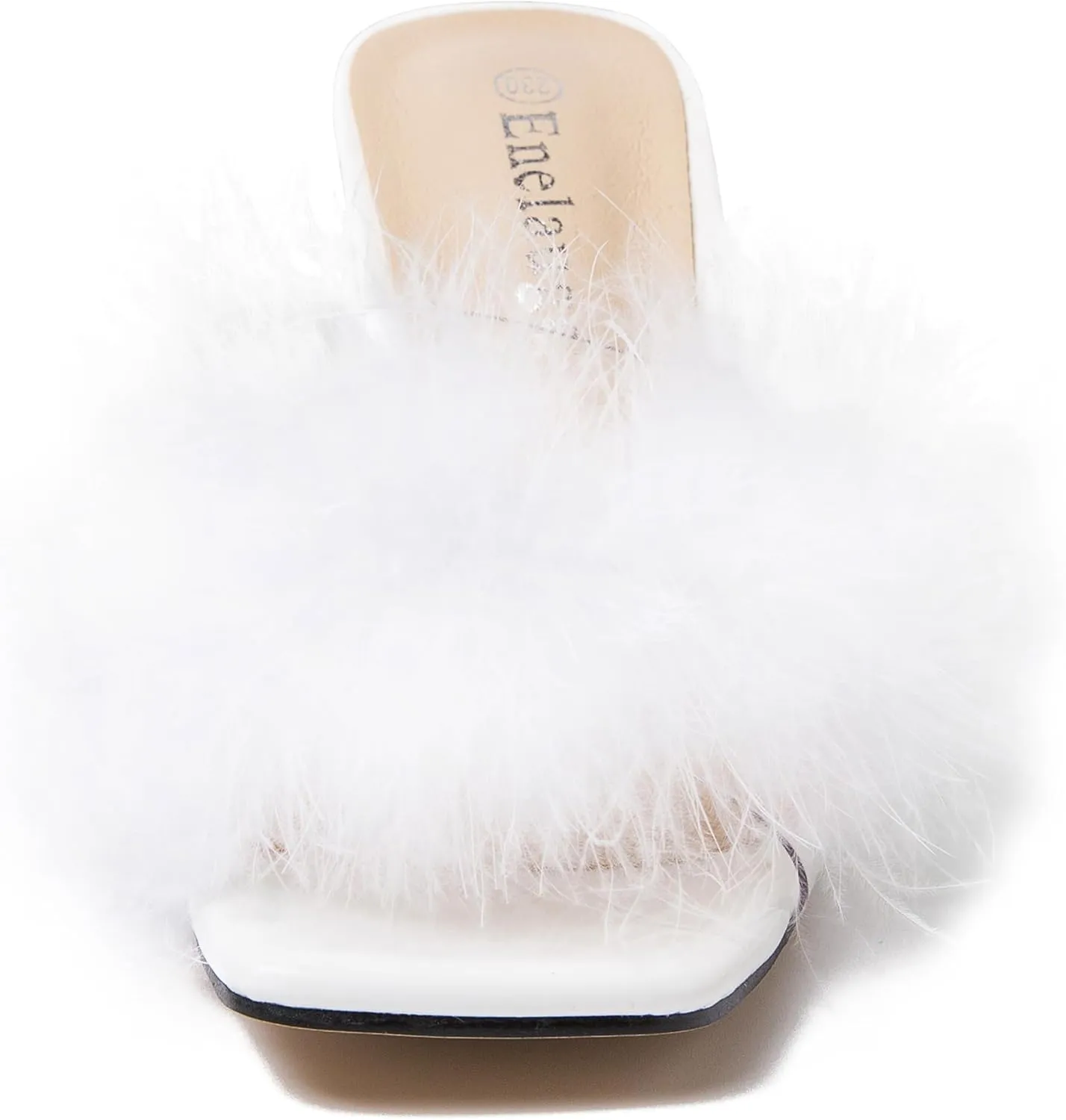 Enelauge Women's Square Toe Sandal Fluffy Feather Clear High Heels Sandals Mules Backless Slip On Slipper Dress Shoes