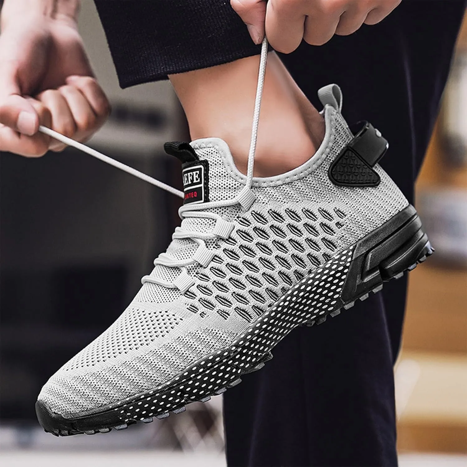 Ephirebra Men's Knitted Mesh Flat Sneakers Slip-On Lace Up Causal Low Top Walking Shoes Outdoor Trainer Comfortable Non-Slip Sport Shoes