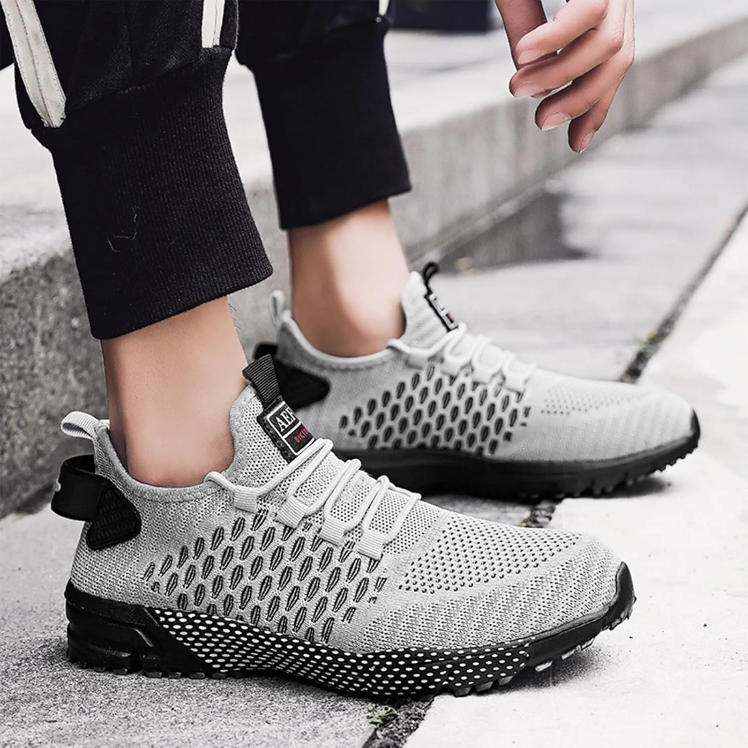 Ephirebra Men's Knitted Mesh Flat Sneakers Slip-On Lace Up Causal Low Top Walking Shoes Outdoor Trainer Comfortable Non-Slip Sport Shoes