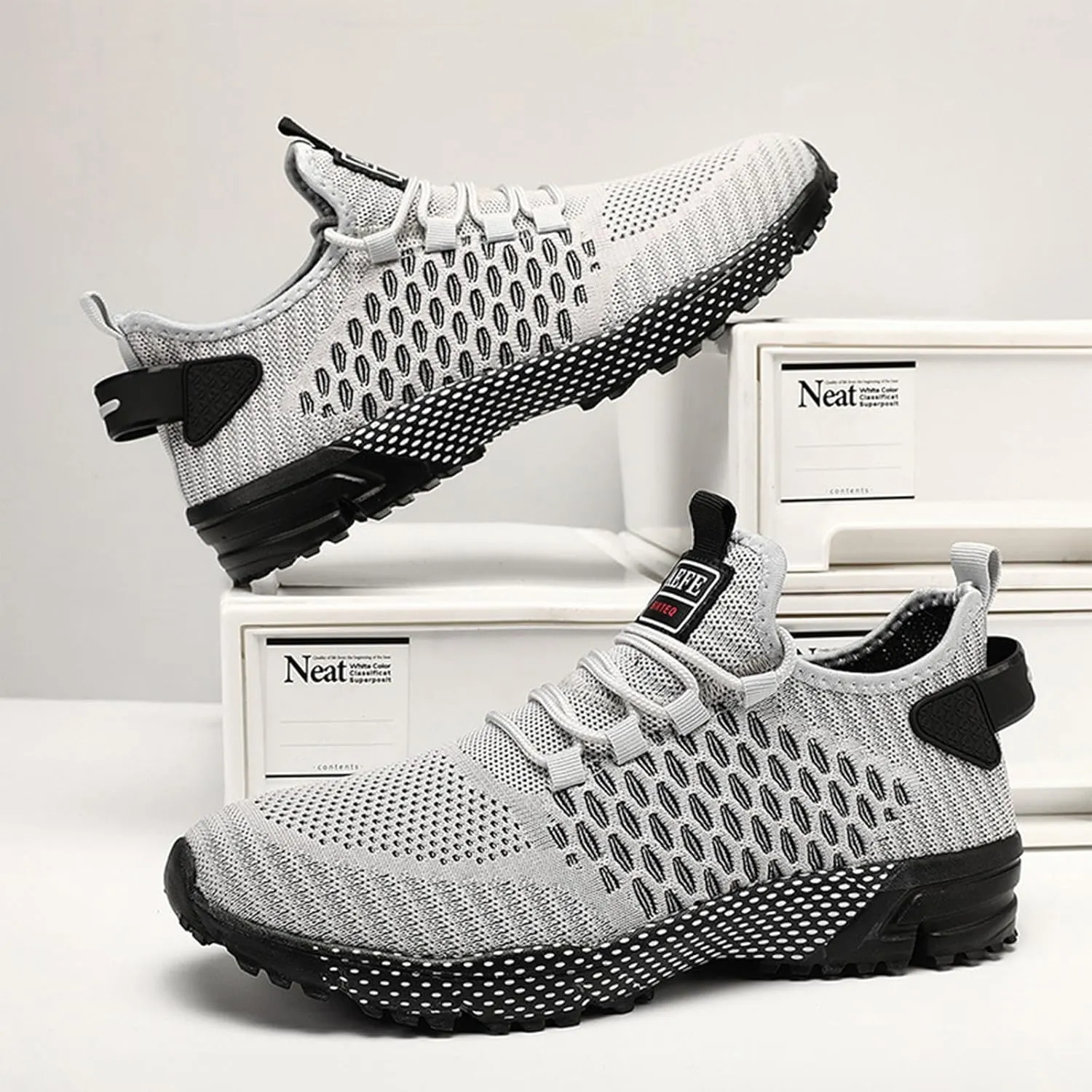 Ephirebra Men's Knitted Mesh Flat Sneakers Slip-On Lace Up Causal Low Top Walking Shoes Outdoor Trainer Comfortable Non-Slip Sport Shoes