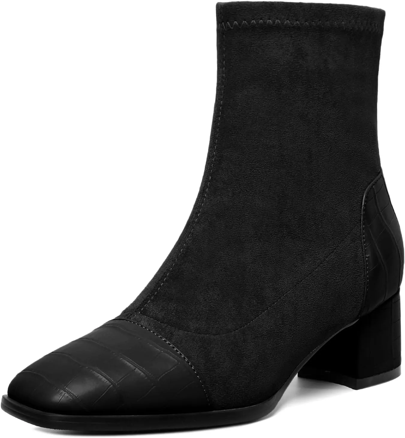 Esvowido Women's Ankle Boots Cap Toe Heels Square Toe Two Toned Block Low Heel Booties Slip on Suede Faux Crocodile Winter Boots
